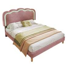 Upholstered Bed With LED Lighting, Double Bed 140 X 200cm, Bed Frame With Slatted Base And Adjustable Headboard, Upholstered Bed In Pink, Bed Frame For Youth Bed In Bedroom Or Guest Room - Velvet - Pink - View 2