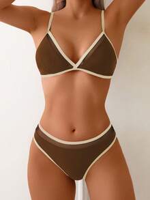 1 Conjunto de Bikini de Dos Piezas para Mujer con Inserto de Malla, Tirantes de Espagueti, Escote en V, Espalda Descubierta, Elegante y Sexy - Marrón - Ver 4