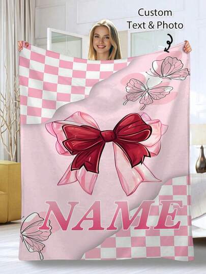 1 pieza Manta de felpa con lazo rosa personalizada - Nombre personalizable, suave y cálida, adecuada para sofá, cama, viaje, camping - Ligera, lavable a máquina, gran regalo para Navidad, Pascua, cumpleaños, recién casados