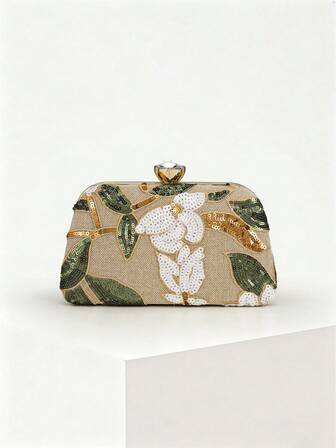 YMI STYLE Elegant Sequin Embroidered Floral Decorative Evening Clutch Bag, Sequin Patchwork Clutch, Randomly Cut Suitable For Party Girls, Ladies, Brides, Perfect For Party, Wedding, Prom, Formal Dinner, Paired With Wedding Dress, Women's Formal Evening Gown, Prom Dress, Birthday Dress. With Metal Chain Handle.