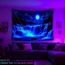 1pc Moon Waterfall Blue - Glowing Under UV Black Light Tapestry Oversized Fluorescence Tapestry Polyester, Room, Dorm, Living Room, Home Furnishings, Party Decorations, Free Installation Package, No Electricity Needed - Blue - View 4