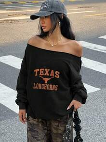 Texas Longhorns Off - Shoulder Sweatshirt, Gray Baseball Cap With White Text, Camouflage Pants, Gold Necklace & Hoop Earrings Outfit For Urban Streetwear Enthusiasts-Women's Winter Outfits: Elegant Conjunto De Mujeres + Flowy Top, Blusas & Top -Women's Long Sleeve Casual Pullover Top, Loose Fit, Comfortable And Stylish, Perfect For Spring Autumn Winter, Suitable For Daily Wear, Vacation, Party, Gift For Girlfriend Wife Female Friends-Slouchy Off Shoulder Sweatshirt - màu đen - Xem 1