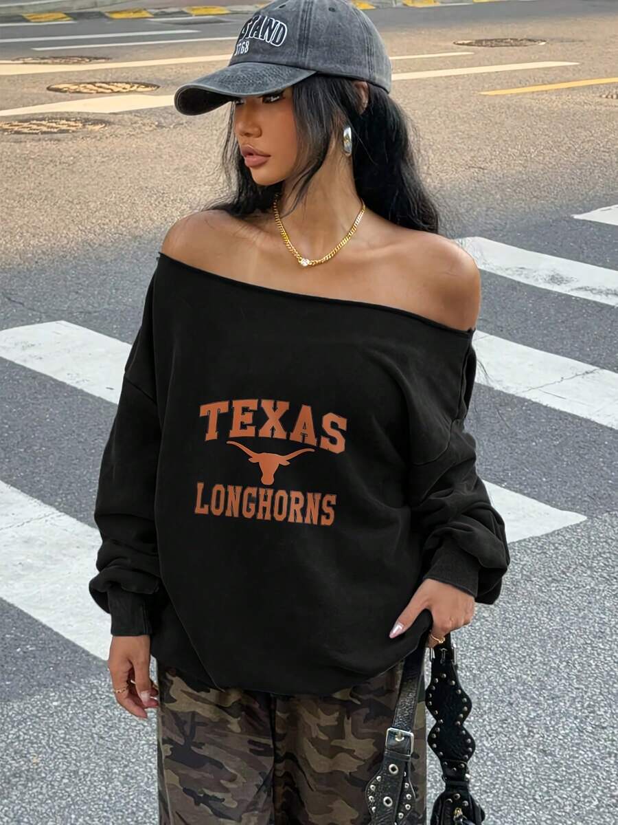 Texas Longhorns Off - Shoulder Sweatshirt, Gray Baseball Cap With White Text, Camouflage Pants, Gold Necklace & Hoop Earrings Outfit For Urban Streetwear Enthusiasts-Women's Winter Outfits: Elegant Conjunto De Mujeres + Flowy Top, Blusas & Top -Women's Long Sleeve Casual Pullover Top, Loose Fit, Comfortable And Stylish, Perfect For Spring Autumn Winter, Suitable For Daily Wear, Vacation, Party, Gift For Girlfriend Wife Female Friends-Slouchy Off Shoulder Sweatshirt - màu đen - Xem 1