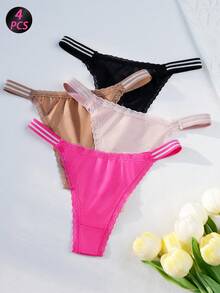 4pcs Women's Solid Color Lace Trim Sexy Thong Panties, High Elasticity Breathable Soft Skin-Friendly Daily Underwear - Multicolor - View 2