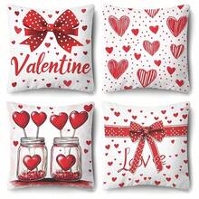 情人节四件套抱枕套 - 17.7x17.7 英寸，浪漫心形蝴蝶结设计，红白装饰抱枕套，适用于家居、办公室和客厅（不含枕芯），浪漫家居装饰|心形图案设计|拉链封口 - 紅白色 - 查看 9