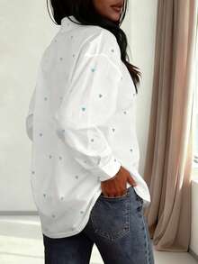 女士休闲修身心形印花 Polo 领衬衫，适合度假、蜜月、约会、可爱青春造型、长袖上衣、春夏秋季 - 藍白色 - 查看 2