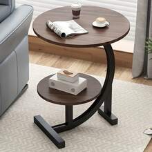 Modern Wooden Coffee Table With Metal Base - Elegant Round Table For Living Room, Bedroom, Or Balcony - Space-Saving Design, Lightweight & Durable, Easy Assembly, Black Finish, Perfect For Sofa, Bedroom, Or Reading Nook, Coffee Table For Living Room, Bedroom Nightstand, Contemporary Aesthetic, Sleek Metallic Legs - Bàn cuối hai tầng màu nâu - Xem 1