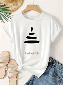 1PC 100% Cotton Balance Stone Graphic Print Casual Comfort Short Sleeve TShirt For Women Soft Fabric Tee Top - Blanco - Ver 1