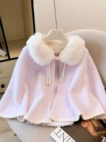 1pc Winter Solid Color Pearl Button Fuzzy Poncho For Dress - Multicolor - View 7