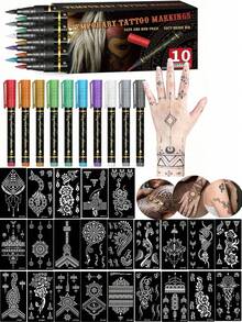 yikexuanli Temporary Tattoo Pen Set, Hand Tattoo Stencils, Removable Tattoo Body Art Pens, Skin Temporary Tattoo Drawing Pens, Beginner Skin Painting, Body Graffiti, Washable Drawing Pens, Body Painting Pen Set - Multicolor - View 3