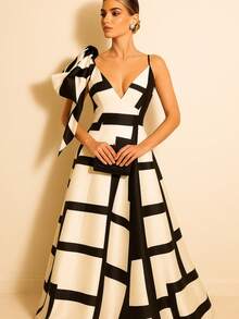 Elegant One-Shoulder Bow Detail Geometric Print Maxi Dress - White - View 7