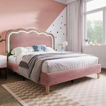 Upholstered Bed With LED Lighting, Single Bed 90 X 200cm, Bed Frame With Slatted Base And Adjustable Headboard, Upholstered Bed In Pink, Bed Frame For Youth Bed In Bedroom Or Guest Room - Velvet - Pink - View 7