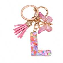 1pc New Pink Sequin 26 Letter Epoxy Butterfly Tassel Metal Keychain Wholesale Bag Charm Jewelry Gift - Pink - View 5