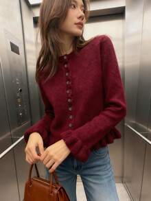 2025 New Elegant Women Round Neck Ruffle Layered Pleated Knit Sweater, Versatile Casual, Autumn/Winter, Solid Gray