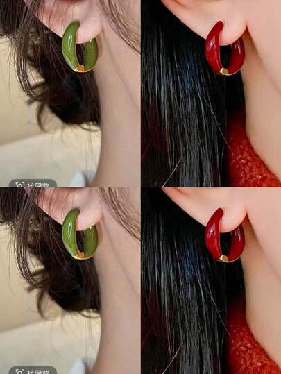 一对经典欧美时尚红绿珐琅耳环，简约百搭，适合女性佩戴，秋冬季独特高端圈形耳环