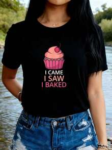 Konditor Bäcker Spruch Ich kam, ich sah, ich backte mit Cupcake T-Shirt Damen T-Shirt Grafik-T-Shirts Crop Tops Outfits Tops T-Shirt - Schwarz - Übersicht 8