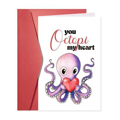 Funny Octopus Valentine's Day Card - "You Octopi My Heart" Themed Card With Envelope | Perfect For Him, Her, Husband, Wife, Fiance - Ideal Valentine's Day Gift-1PC