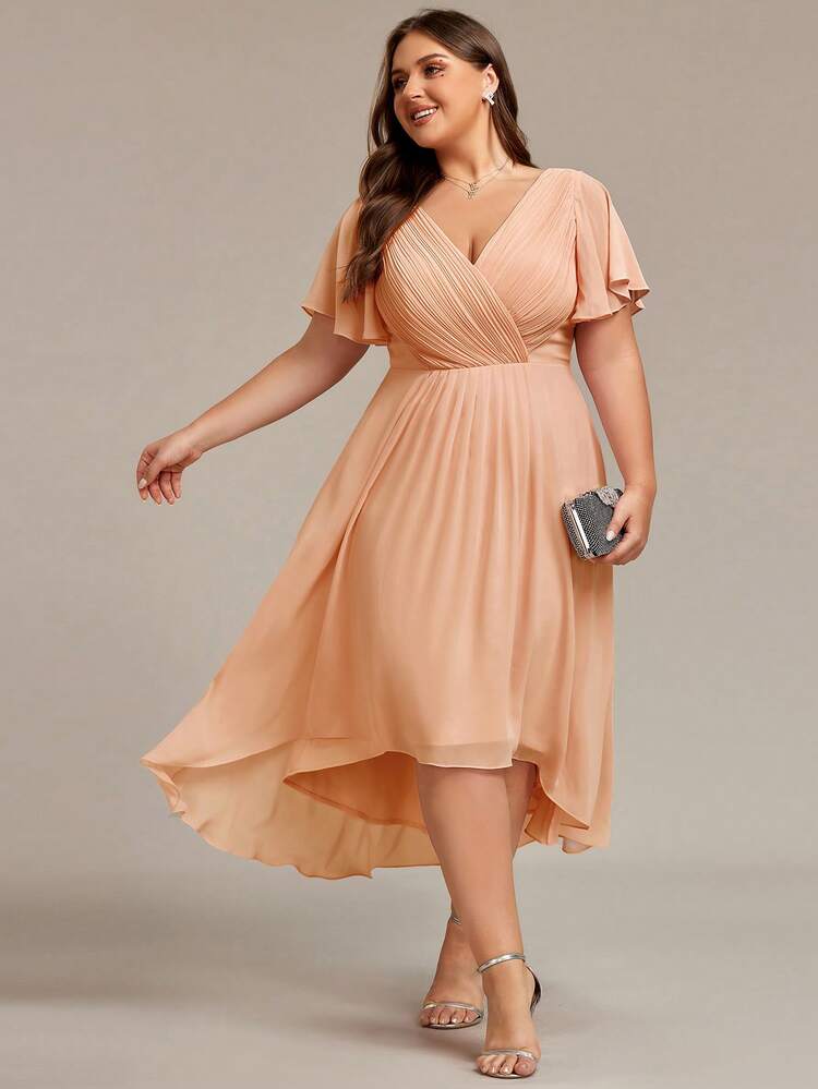 coral colored bridesmaid dresses with sleeves Plus Size Women's Double V-Neck Ruffle Sleeve A-Line Chiffon Mid-Length Wedding Guest Dress, Dress Spring Party Elevate your look with E-4 Corporal HD wallpaper: Ariel Rebel, Color:#53-Dark Gray