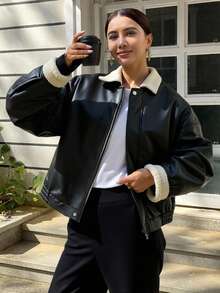 Livesso 女士PU皮革和仿羊羔绒拼接夹克，秋季女装 - 黑色 - 查看 1