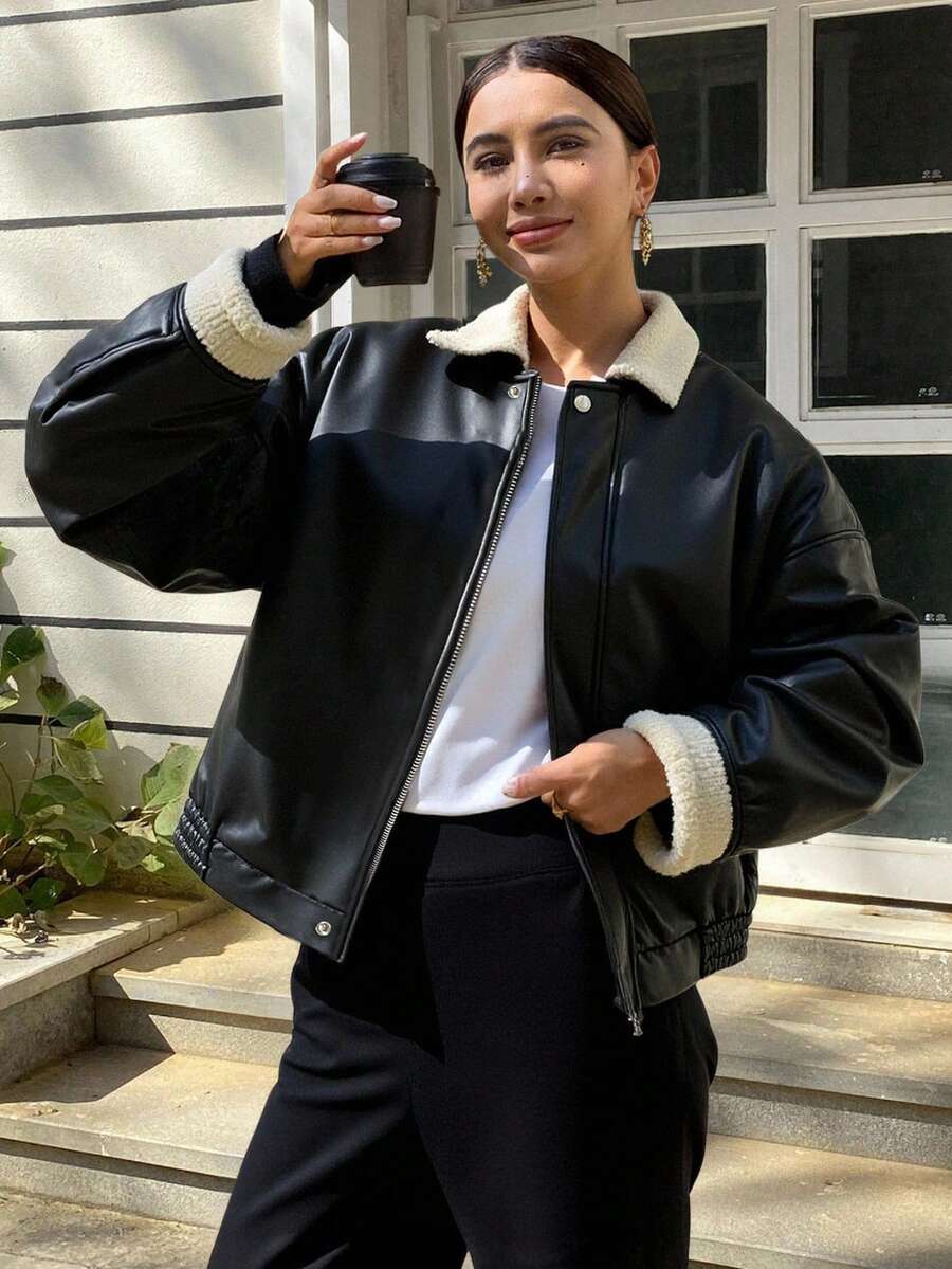 Livesso 女士PU皮革和仿羊羔绒拼接夹克，秋季女装 - 黑色 - 查看 1