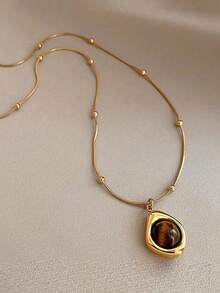 复古优雅多层虎眼石吊坠项链女士不锈钢双层锁骨链套装珠宝，女士日常派对配饰，时尚珠宝，最佳朋友礼物（天然石颜色随机） - 金色 - 查看 15