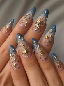 24pcs 3D Star & Moon Themed Nail Stickers, Y2K Style Nail Art, Tie Dye Blue Nail Stickers, Autumn Nail Stickers Nails - Navy Blue - View 1