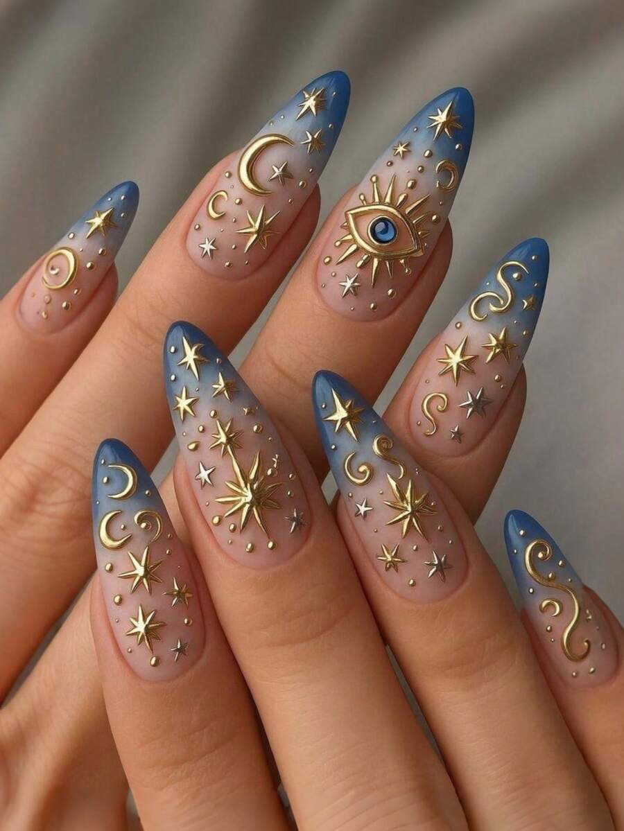 24pcs 3D Star & Moon Themed Nail Stickers, Y2K Style Nail Art, Tie Dye Blue Nail Stickers, Autumn Nail Stickers Nails - Navy Blue - View 1