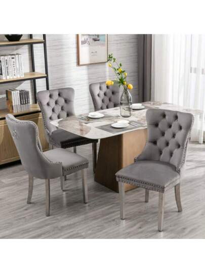 Furniture, Nikki Collection Moderne High End Dining Chairs In Soft, Contemporary Solid Wood Upholstery Fluwelen Padding Chrome Plated Stainless Steel Sheet Legs, Studded Head ation, Double Set, Grijs De1701gy