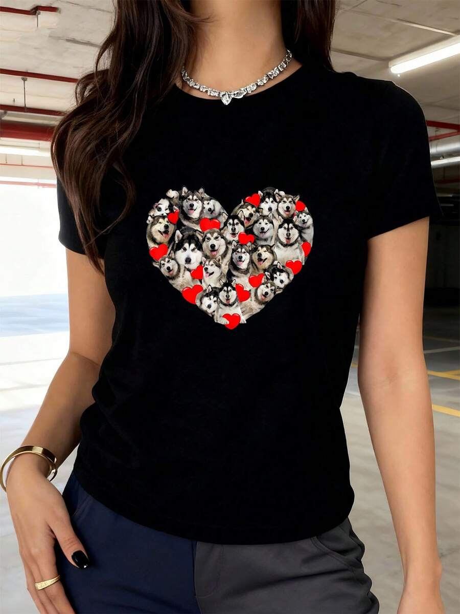 Lustiges Herz Liebe Alaskan Malamute Valentinstag Geschenk T-Shirt Frauen T-Shirt Grafik T-Shirts Crop Tops Outfits Tops T-Shirt - Schwarz - Übersicht 1