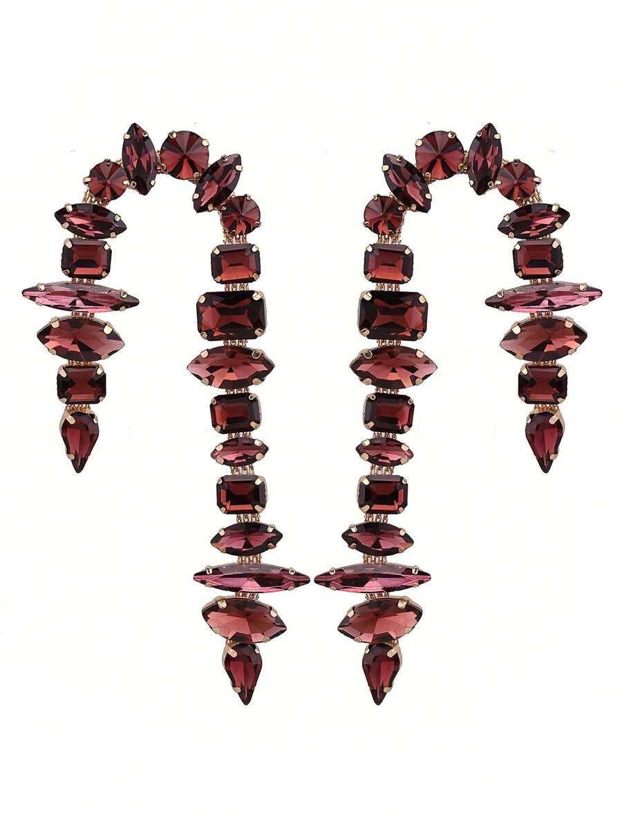sehuoran 1 Pair Handmade Copper Alloy Welded Willow-Shaped Rhinestone Glitter Tassel Symmetrical Design Earrings, Suitable For Daily Wear And Party Accessories, Luxury Jewelry Imitation - Style 1 - View 1