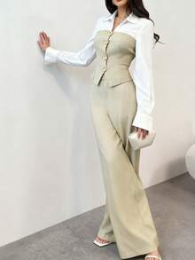 Women's Fashion Collared Shirt And Sleeveless Button Detail Vest With Matching Wide Leg Pants 2 Pieces Set - Apricot - View 3