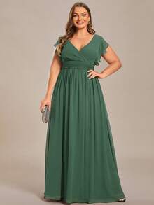EVERPRETTY V-Neck Solid High Waist Pleated Green Bridesmaid Dress, Suitable For Spring/Summer Weddings, Parties, Graduations - Green - View 7