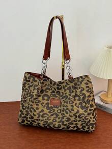 Livesso Leopard Print Canvas Tote Bag, Vintage Shoulder Bag, Fashionable Hand Bag Suitable For School, Work, And Shopping, Fall Winter Fashionable Cheetah Print Purse For Women, New Fall Winter Tiger Print Bag For Women - Brown - View 2