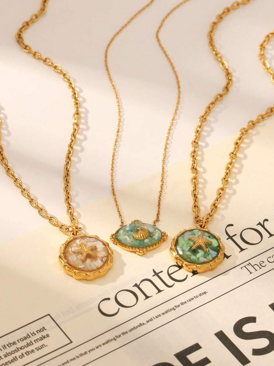1pc Resin Crushed Seashell & Starfish Pendant Necklace, Lightweight Dainty Choker For Women Daily Wear - Multicolor - View 1