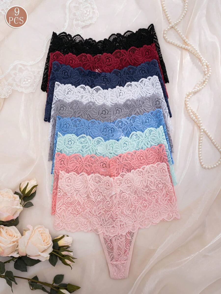 9pcs/Pack Women's High Waist Sexy Lace Thong Panties