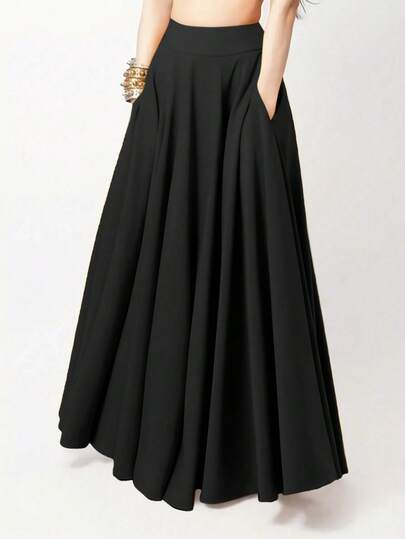Solid Pocket Side Maxi Skirt