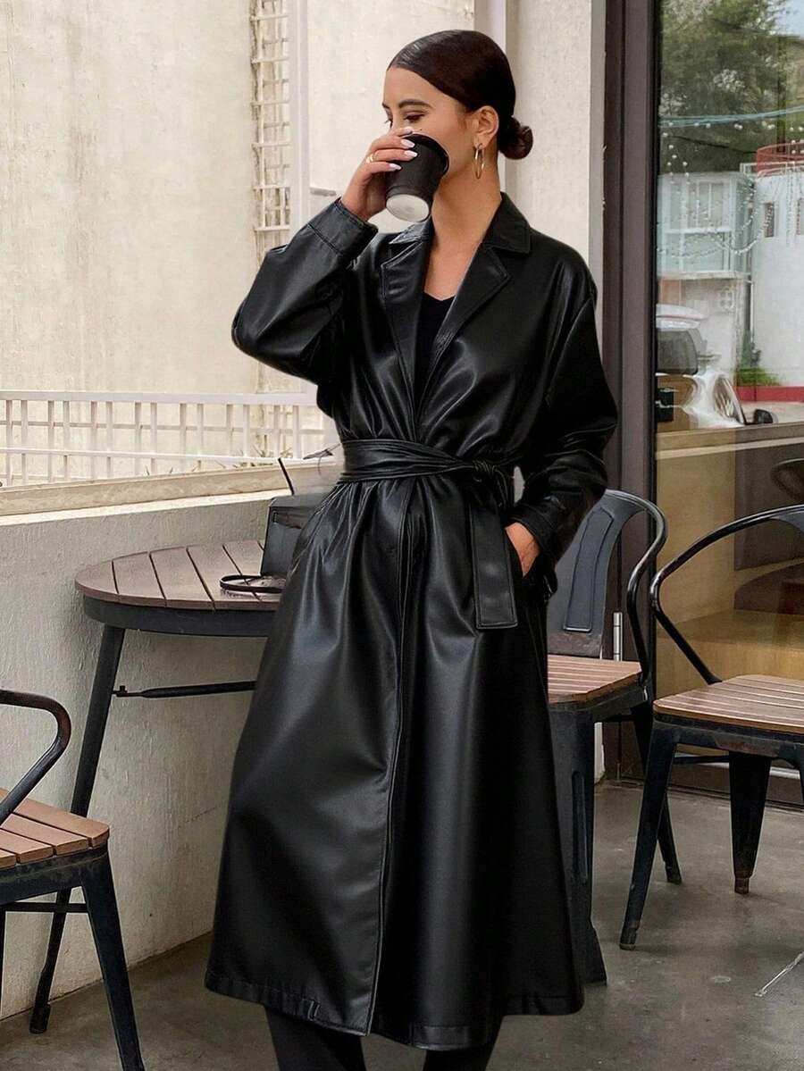 Livesso Women's Loose Solid Color PU Long Jacket With Belt, Casual Street Style Windbreaker, Autumn/Winter - Black - View 1