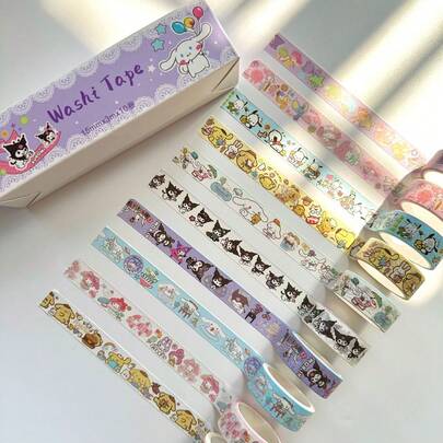 10 Rolls Sanrio Washi Tape, Cute Cartoon Stickers For Scrapbooking, Journaling, Decorative Crafts - Includes Characters Like Hello Kitty, Kuromi, My Melody, Pompompurin