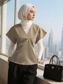 Blusa musulmana, top de murciélago, chaqueta corta de manga corta de elegante temperamento para damas - Caqui - Ver 2