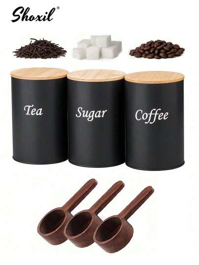 shoxil 3pcs Kitchen Storage Canister Set, Black Wooden Lid Iron Cans, Sugar Cans, Tea Cans, Coffee Bean Sealed Cans, Gifts For Coffee, Tea, Sugar, Kitchen Organization, Dining Room, Living Room, Tea Room, Friends, And Family