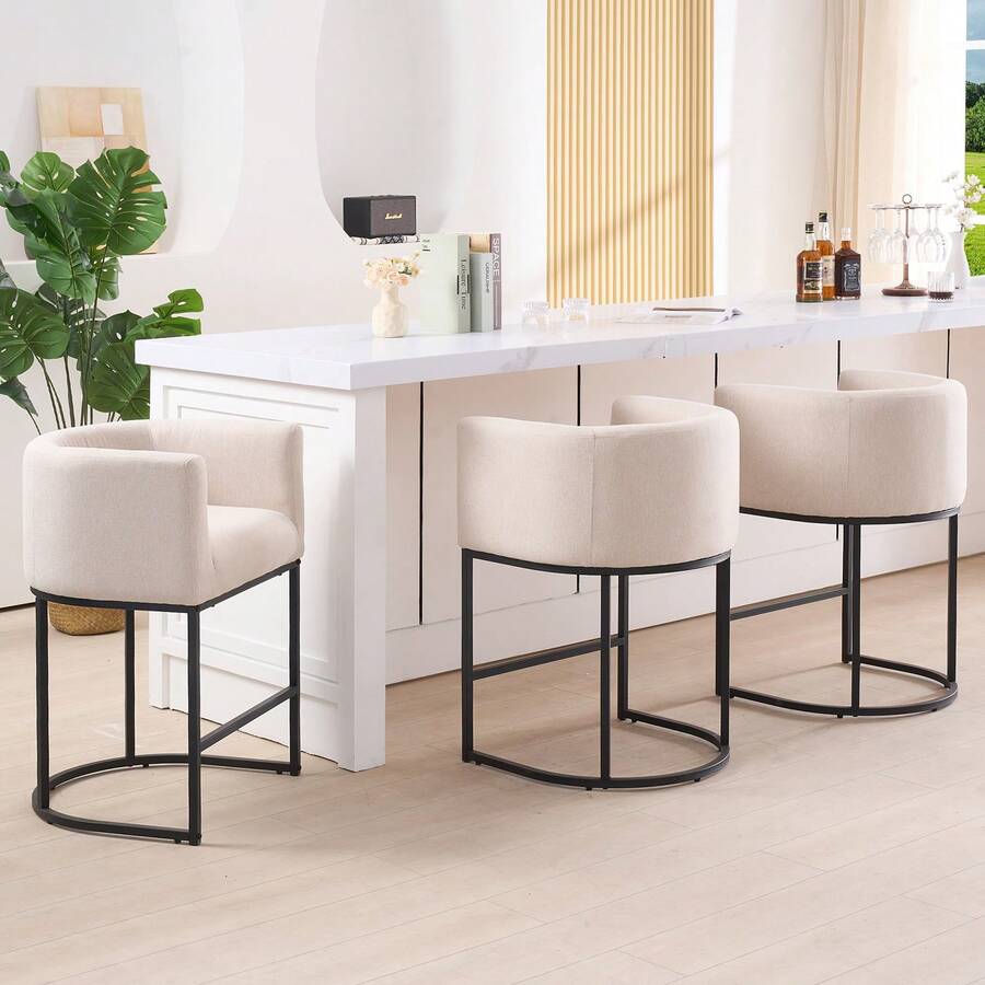 Stylish 26-Inch Counter Height Bar Stools Set Of 3 Modern Curved Back Bar Chairs With Armrests, Black Metal Frame & Linen/Corduroy Upholstery - Ideal For Kitchen Island, Living Room Sofa Side Table & Dining Space, Linen - 駝色 - 查看 1