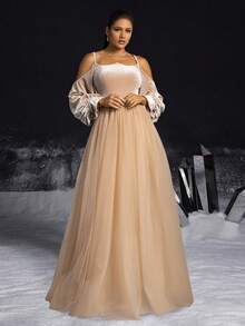 VIPGIRL Váy dạ hội chữ A dài tay bằng vải tuyn đơn giản, màu trơn, thanh lịch, váy trang trọng - Màu Khaki - Xem 3