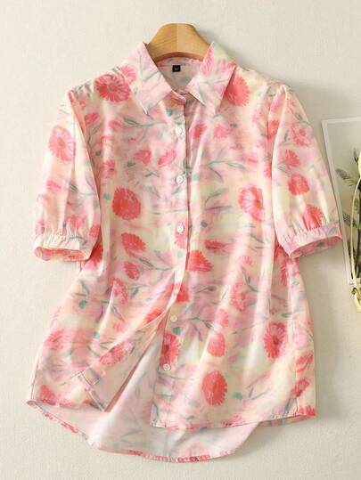 Spring Summer Women's Ramie-Like Color Ink Graphic Loose Artistic Collar Short Sleeve Shirts