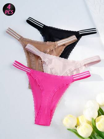 4pcs Women's Solid Color Lace Trim Sexy Thong Panties, High Elasticity Breathable Soft Skin-Friendly Daily Underwear