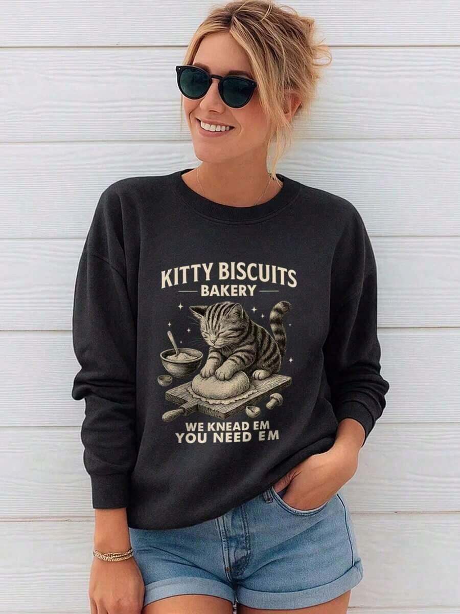 Long Sleeve Tops WomenSweatshirt For Women. Cute Kitty Biscuits Bakery T-Shirt, Fashion Cartoon Tee With Cat Kneading Dough Design, Classics Tee With Funny Words "WE KNEAD EM YOU NEED EM ", Ideal Tshirt For Cat LoversClothing For Autumn And Winter SeasonsLoose And Comfortablelong Sleeve Tops Women - 黑色 - 查看 1