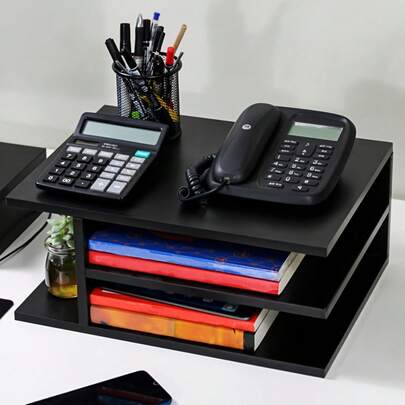 Elegant Wooden Desktop Storage - Printer Rack, Document Rack and Stationery Separator, with Office Supplies Storage Room