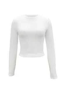 Einfarbig, minimalistisches Design, Langarm, Rundhalsausschnitt, figurbetonend, Strickstoff, rein weiß, Lässig Stil, geeignet für tägliche Ausflüge, Campus, Pendeln und leichte gesellige Anlässe, kann im Frühling und Herbst allein getragen werden, kann im Winter geschichtet werden, ein unverzichtbares Kleidungsstück. - Weiss - Übersicht 1