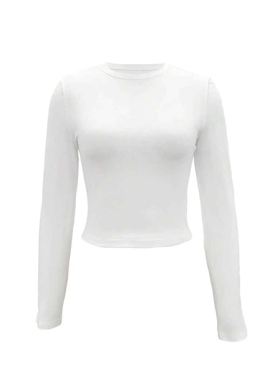 Einfarbig, minimalistisches Design, Langarm, Rundhalsausschnitt, figurbetonend, Strickstoff, rein weiß, Lässig Stil, geeignet für tägliche Ausflüge, Campus, Pendeln und leichte gesellige Anlässe, kann im Frühling und Herbst allein getragen werden, kann im Winter geschichtet werden, ein unverzichtbares Kleidungsstück. - Weiss - Übersicht 1