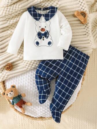 2 pezzi Set di abbigliamento quotidiano per neonato maschio, composto da maglietta con colletto Peter Pan e motivo orsetto a quadri e pantaloni a quadri