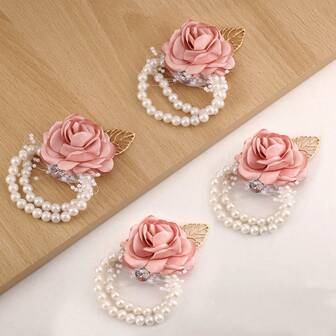 4 st/set brudtärna bröllop ljusrosa lövpärlor konstpärlor elastiskt armband handledskorsage, strassdekor för fest, examen, bröllopsaccessoarer